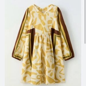Zara Yellow Abstract-Print Long Sleeve Girls Dress with Brown Accents 13-14 NWT